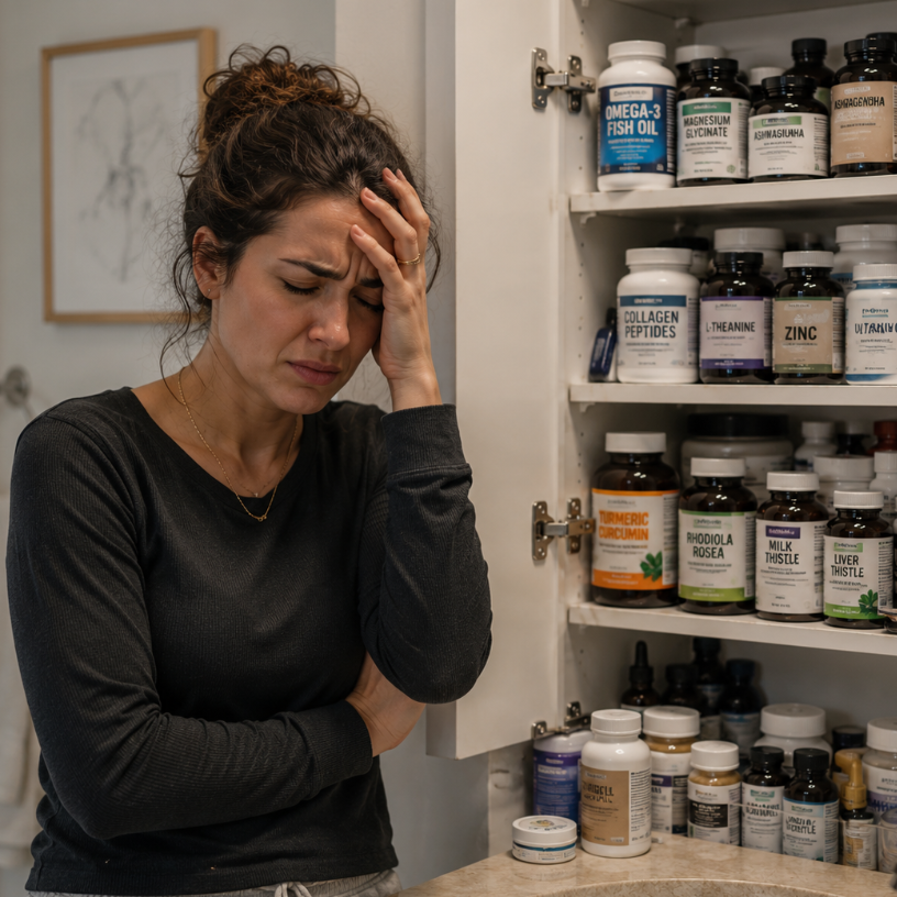 Woman with a concerned expression in front of an open medicine cabinet filled with various supplements.